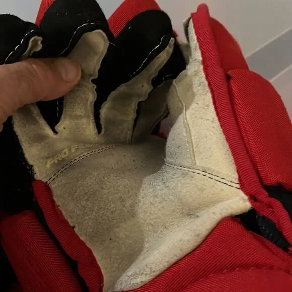 CCM authentic Carolina Hurricanes game worn used Ice Hockey Gloves Morgan Geekie